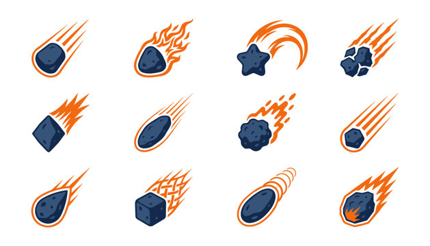 Cartoon falling meteor and burning asteroid vector icon set