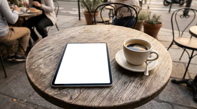 Blank tablet screen with coffee on a rustic wooden table at a cafe