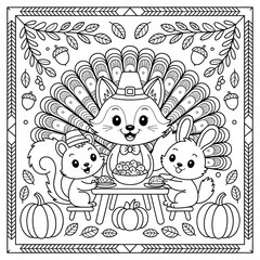 Fototapeta premium Thanksgiving coloring page with cute animals, turkey, squirrel and rabbit in autumn theme