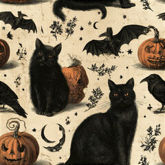 Naklejka premium Black cat pumpkin bat raven spooky Halloween vintage seamless pattern moon stars floral
