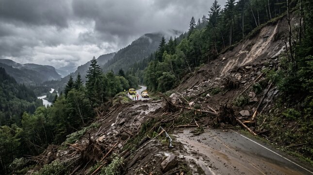 Landslide Blocking Mountain Road in Forest &ndash; Natural Disaster, Heavy Rain, Road Hazard and Climate Change Impact
