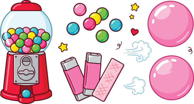 Retro Red Gumball Machine Vector Elements Set with Colorful Bubble Gum Balls Pink Chewing Gum Sticks and Blown Bubbles for Candy Designs
