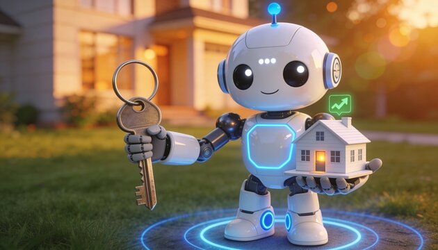 Cute AI Robot Holding House Key and Property Model