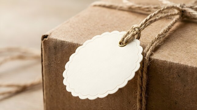 Blank white paper tag attached to a brown craft gift box with jute rope