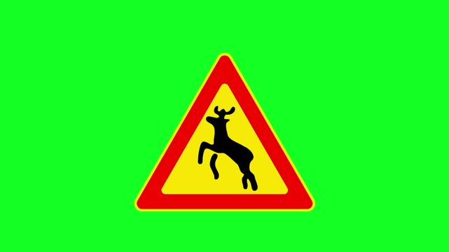Animated Deer Crossing Warning Sign On Green Screen For Road Safety Alert
