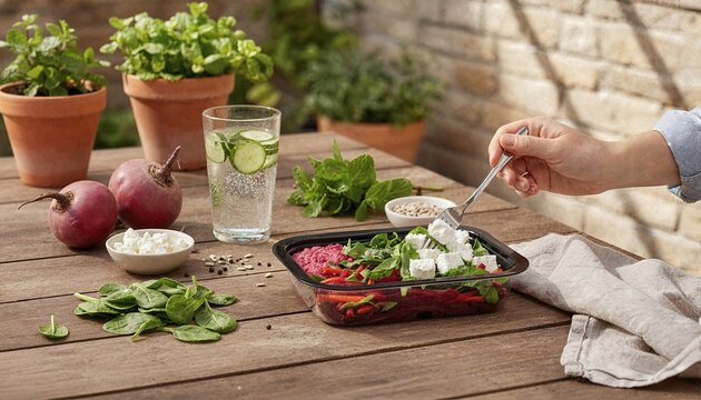 Person enjoying a healthy beetroot and feta salad outdoors