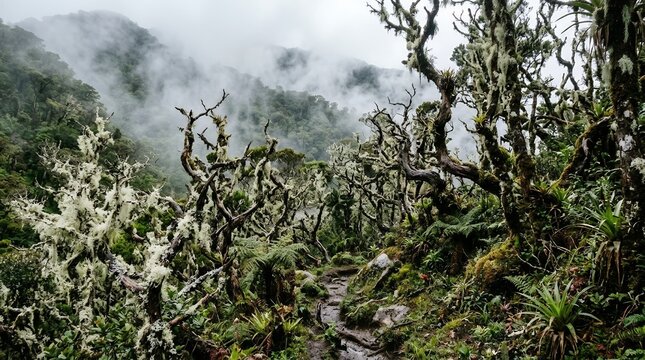 Mysterious Misty Tropical Cloud Forest with Mossy Trees and Lush Vegetation along a Foggy Scenic Hiking Trail Path