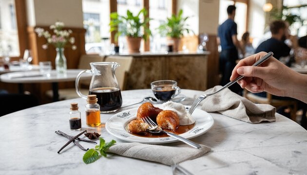 Person enjoying rum baba dessert in a bright cafe