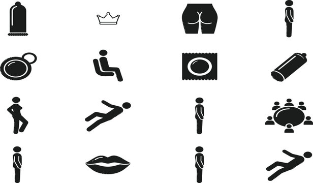 Black silhouette icon set featuring safe sex contraceptives human postures lips crown and business meeting elements isolated on white background