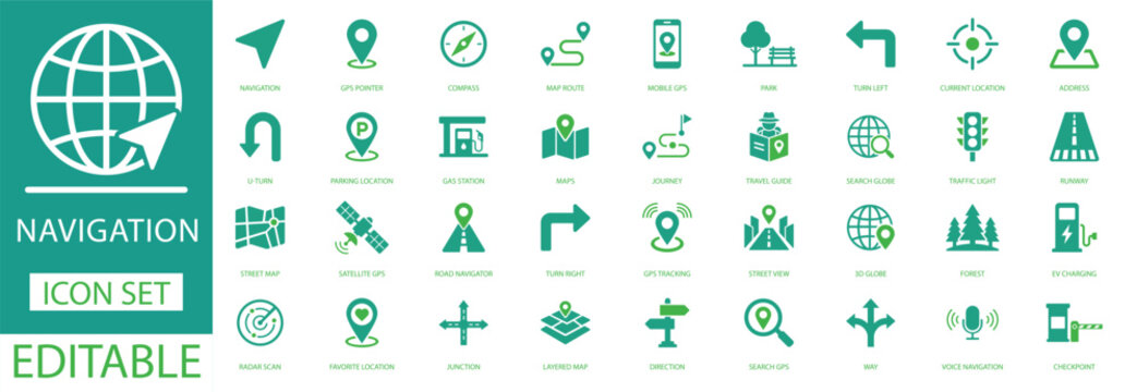Navigation and GPS map icon set featuring pin pointer, route, compass, direction, satellite, street view, radar, and travel location tracking vector symbols.