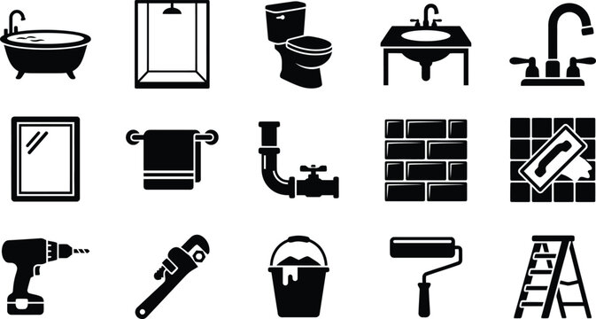 Bathroom renovation and plumbing icons set - bathtub toilet sink shower repair tools silhouette with bathroom plumbing renovation interior construction maintenance hardware