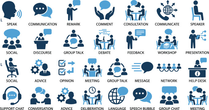 Business communication and dialogue vector icon set featuring speak remark comment consultation debate feedback presentation opinion message network meeting symbolsBusiness 