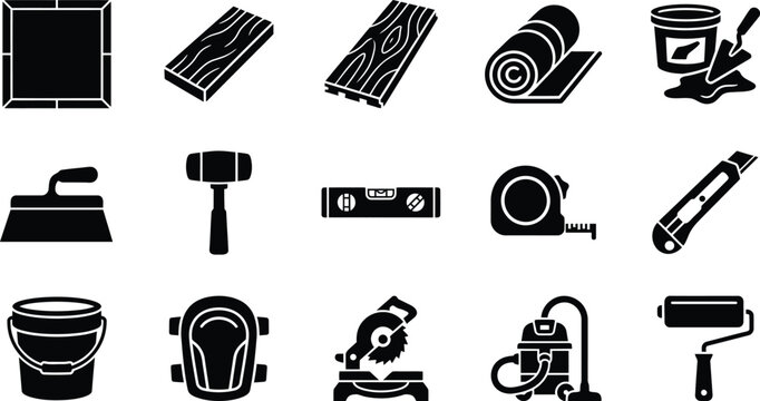 Building and construction materials icons set - wood flooring tiles measuring repair tools silhouette with construction building materials flooring measuring renovation