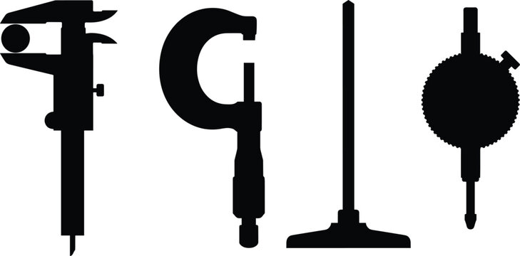 Precision measurement engineering tools black silhouette vector icon set featuring vernier caliper micrometre depth gauge and mechanical dial test indicator instruments