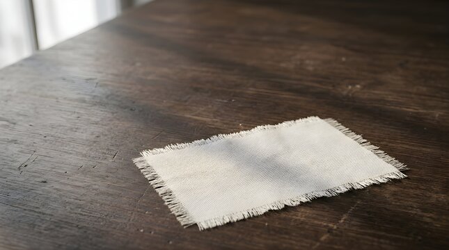Empty linen napkin on a rustic dark wooden table with natural light