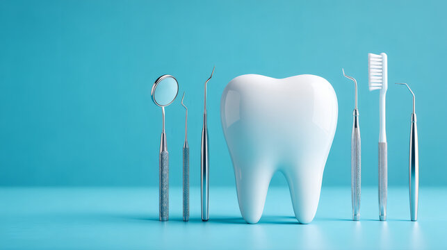 dental clinic banner showing a large polished white molar on the right side. Surrounding the tooth are various high-end stainless steel instruments and a professional-grade toothbrush with an 