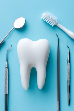 dental clinic banner showing a large polished white molar on the right side. Surrounding the tooth are various high-end stainless steel instruments and a professional-grade toothbrush with an 