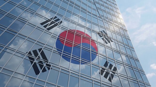 South Korean flag reflected in modern glass building facade concept
