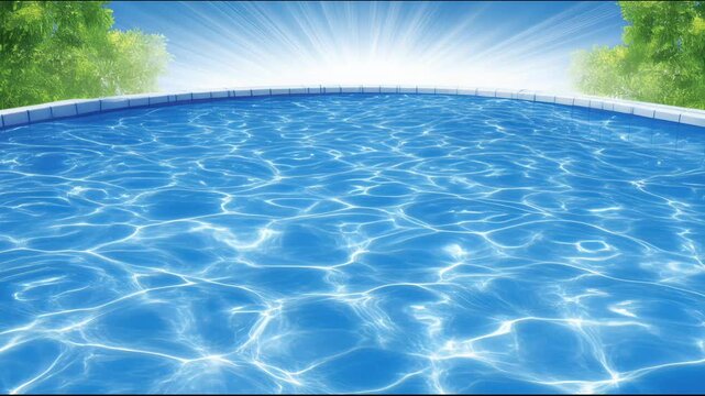 Bright blue water reflects sunlight in a pool surrounded by trees on a sunny day