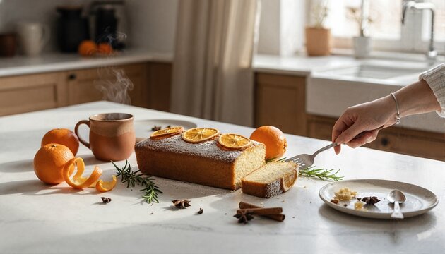 Person reaching for a slice of citrus cake