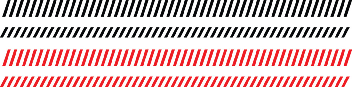 Diagonal hazard stripes warning tape icon set. Caution border safety hazard line symbol. Construction boundary alert strip . Slanted striped banner vector graphic in black and red color