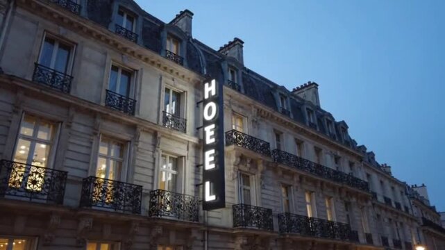 Low angle shot of classic building facade with glowing vertical sign reading hotel against clear twilight sky in iconic parisian street during evening light.