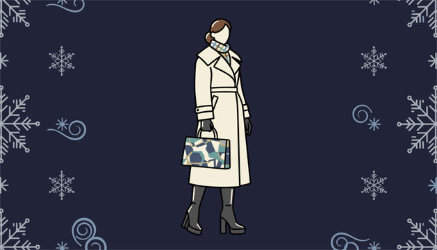 Elegant woman in a stylish cream coat, boots, and patterned handbag poses within a dark blue snowflake border.