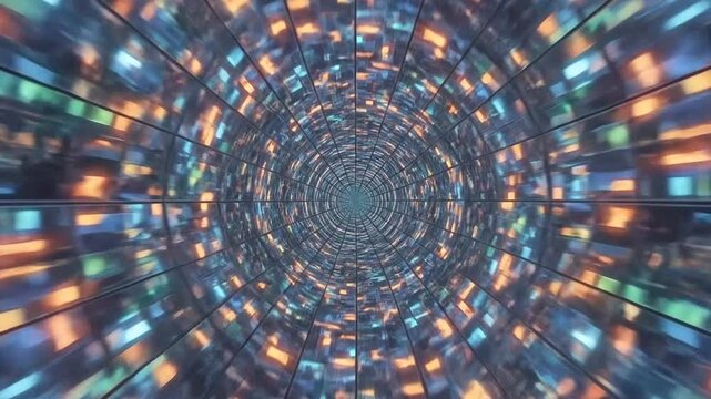 A hypnotic tunnel of neon light spirals infinitely with vibrant gradients of electric blue, orange, and purple creating a mesmerizing digital vortex effect.