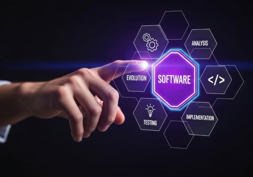A hand touching a digital interface with software development icons