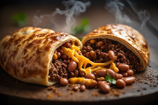 chili cheese calzone on a wooden board