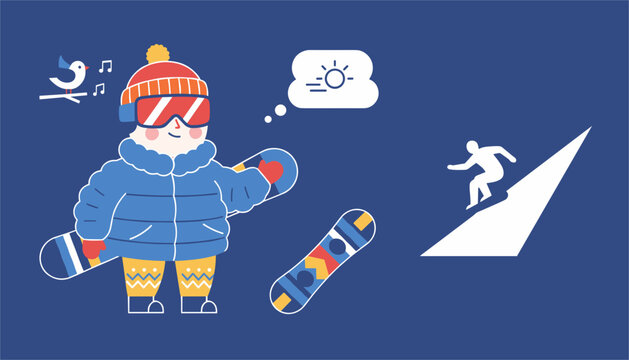 Cute cartoon character in winter clothes holding a snowboard alongside an active snowboarding silhouette on blue.
