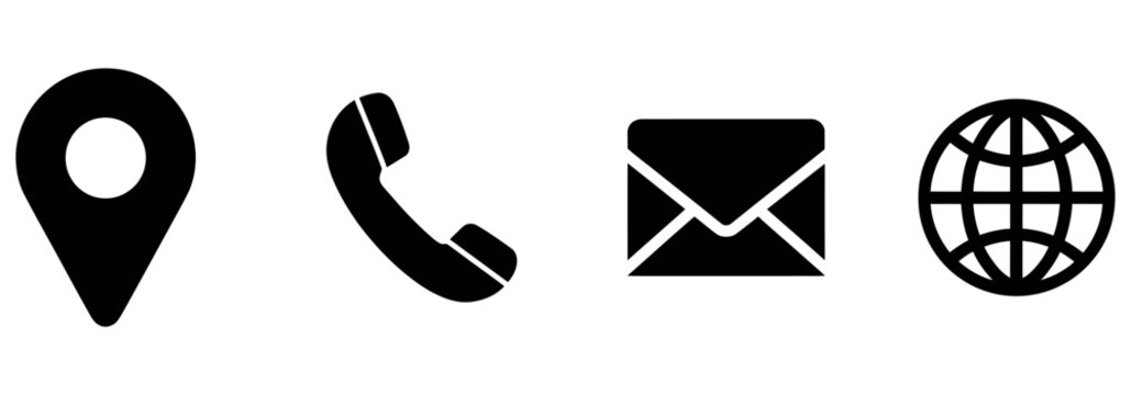 Professional contact information icons set including location phone email and globe symbols.