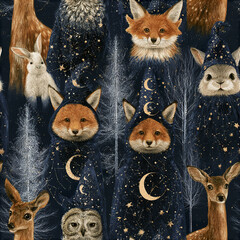 Naklejka premium Celestial forest animals pattern featuring foxes rabbits deer and owls in starry night robes creating magical charm