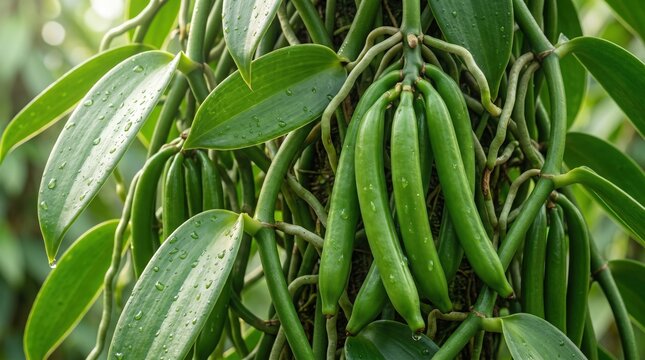 Close-up of green vanilla bean pods hanging from a climbing vine, featuring elongated waxy fruits and broad pointed leaves with water droplets in a tropical plantation setting