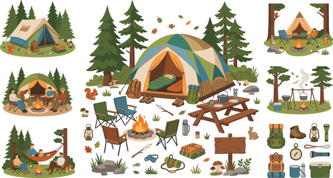 Outdoor camping and hiking adventure illustration bundle featuring tents campfire picnic setups families relaxing in forest scenes vector flat design