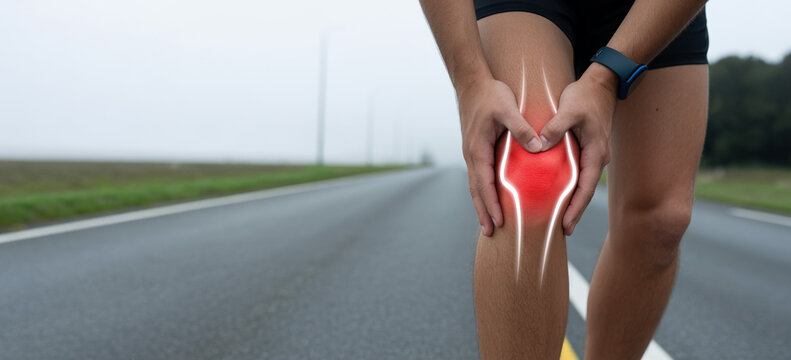 Athlete holding painful knee with glowing red injury overlay on outdoor road for sports medicine orthopedic health awareness.