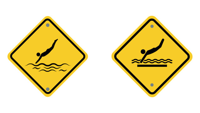 Diving board warning signs with swimmer figures on yellow diamond plates.