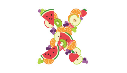 Fototapeta premium Large alphabet letter X made from colorful healthy fruit slices including watermelon, kiwi, strawberry, and fresh grapes.