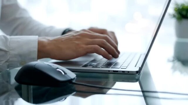 Business man typing on laptop keyboard working on computer at office desk using professional mouse device in slow motion footage for corporate marketing project.