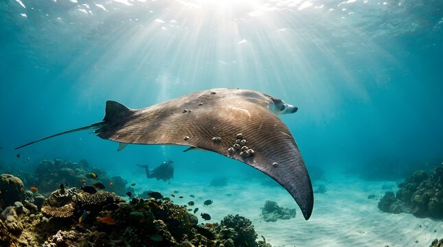 Majestic stingray gliding through clear blue ocean water