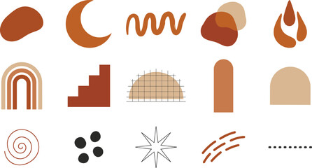 Naklejka premium Minimal Boho Abstract Design Element Collection with Organic Geometric Shapes, Contemporary Decorative Symbols, Modern Earth Tone Icons, and Creative Vector Set