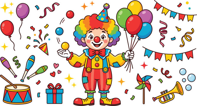 Cute clown character element set with balloons juggling balls confetti and birthday party decorations in a colorful flat style