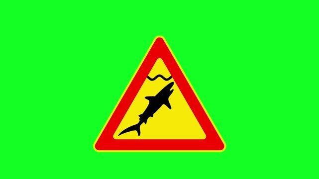 Animated Shark Warning Sign On Green Screen For Ocean Beach Safety Alert