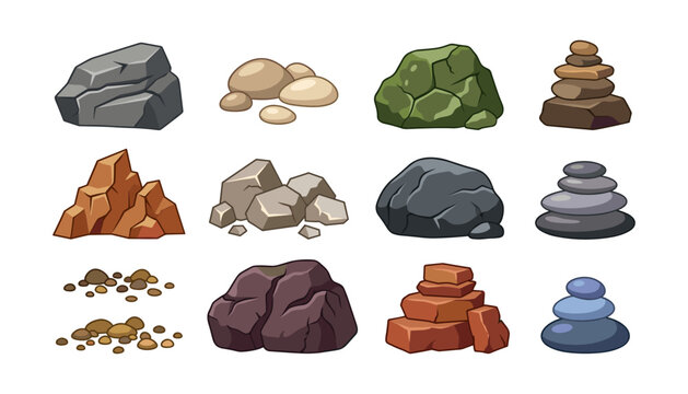 Cartoon rock boulder and zen stone balance vector icon set
