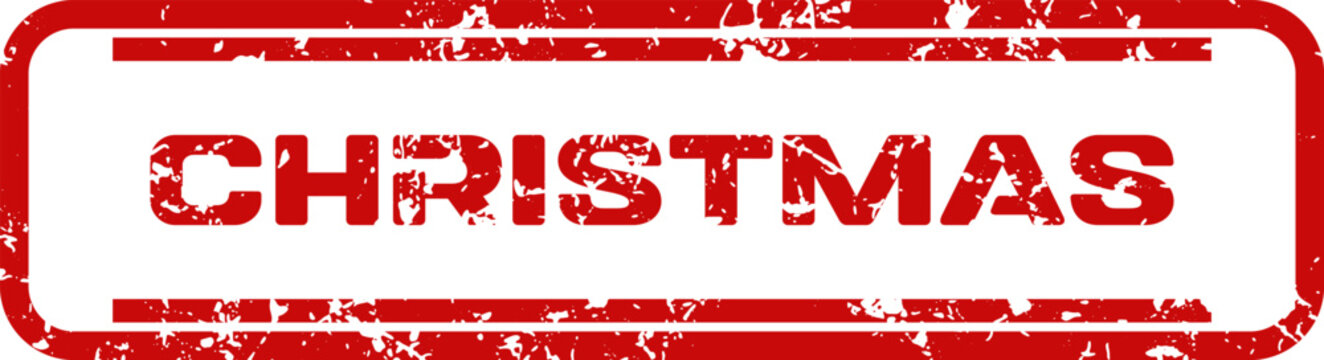 A worn and textured red rubber stamp displays the word christmas within a neat rectangular border on a plain white backdrop