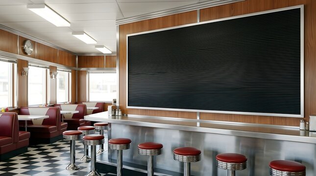 Retro diner interior with empty menu board and red stools for branding