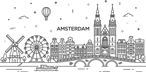 Amsterdam netherlands city landmark skyline with traditional canal houses windmill church bridge and hot air balloon vector © MSTRAZINA