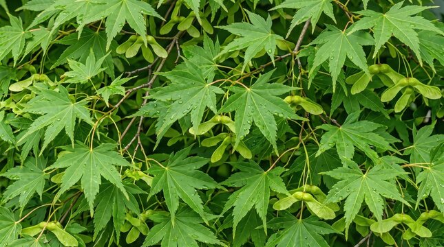 Close-up of vibrant green japanese maple leaves with delicate, winged samara seeds hanging from thin, brown branches, creating a dense, natural foliage pattern