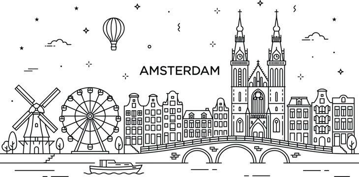Amsterdam netherlands city landmark skyline with traditional canal houses windmill church bridge and hot air balloon vector