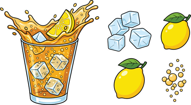 Fresh Iced Lemon Tea Splash Vector Element Set with Lemonade Glass Ice Cubes Lemon Slices and Sparkling Fizzy Bubbles for Cafe Drink Menu Designs